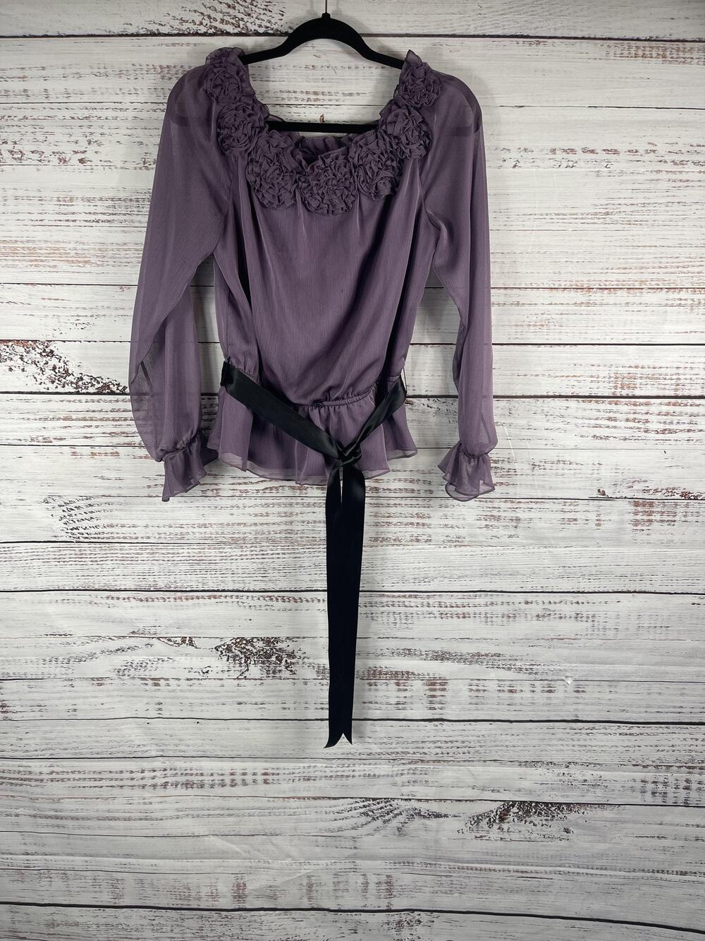 Victor Costa Shirt Women's Size M Purple Ruffle Rosette Peplum Sheer Top Belted